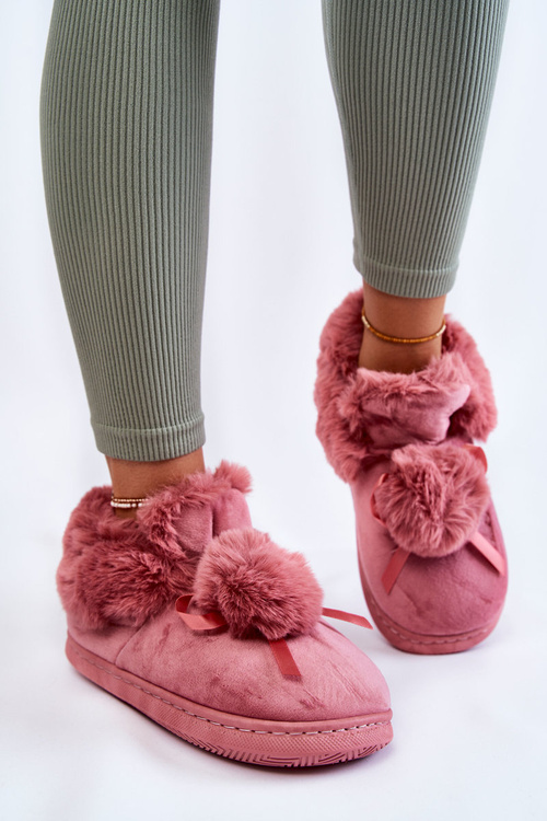 Dámské nazouvací kožešinové pantofle s bambulí Růžové Noemi