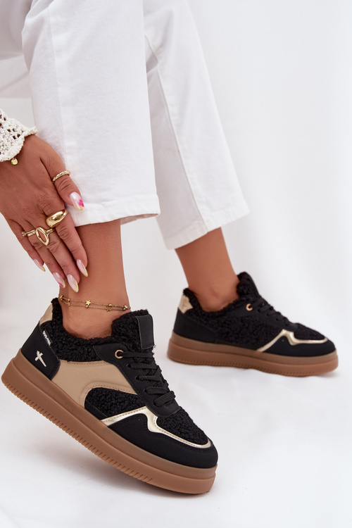 Dámske tenisky na platforme s ovčou kožušinou čierne Frelina