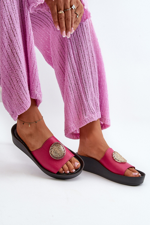 Zazoo 2920 Kožené Dámské Žabky Na Klinu S Zlatým Detailom Fuksia