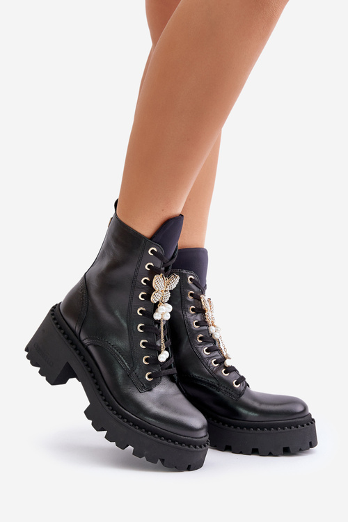 Kožené Boty Pracovní Dámské S Motýlem Černé CheBello 4590