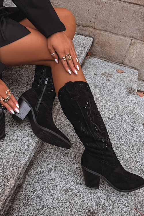 Dámské kozačky s podpatkem z eko semiše Černé Coretta