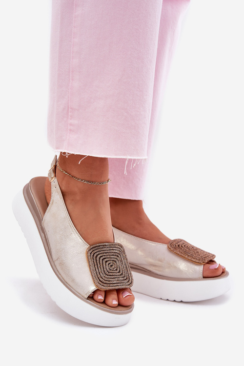 Zazoo 1786 Kožené Dámske Sandále Na Platforme S Dekoráciou Zlaté Ošúchané