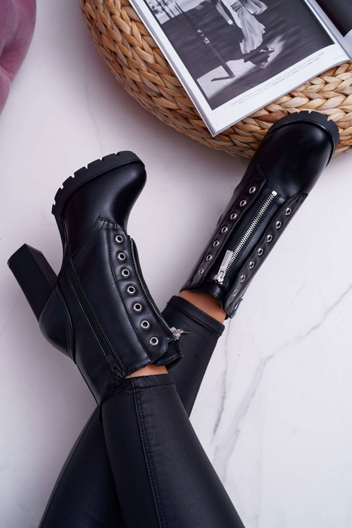 Dámské Kotníkové Boty Na Podpatku S Ozdobným Zipem Černé Imagine