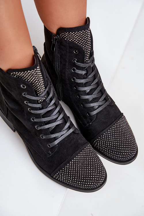 Ozdobené čižmy na plochom podpätku eko semišové zateplené čierne Ellieo