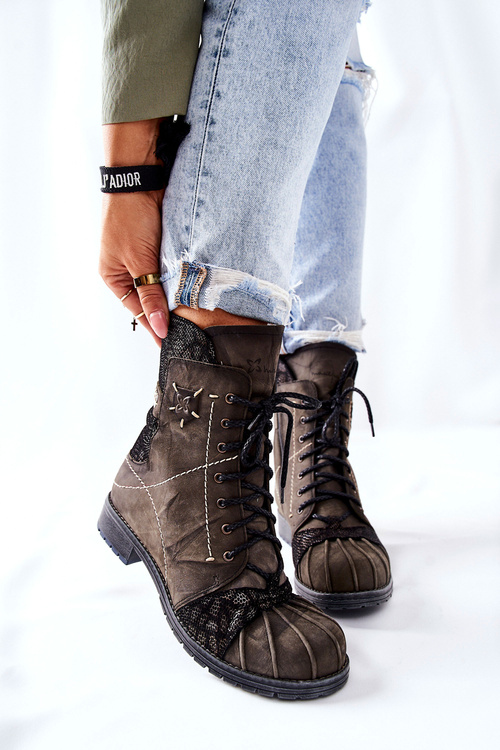 Dámské Boty Zateplené kožené Olivové 03961-24