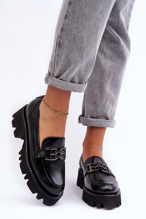 Dámské kůže polobotky Loafersy s ozdobou černá Lyndani