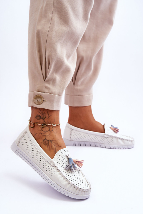 Dámské prolamované kožené mokasíny Bílé Lanzarot