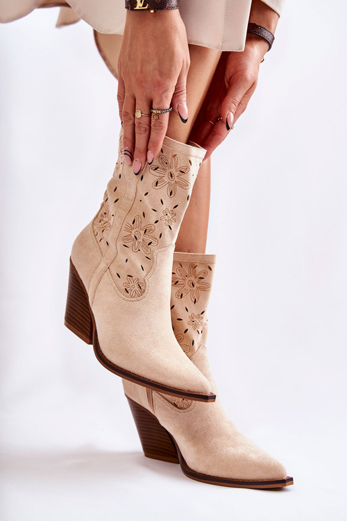 Módní semišové kovbojské boty s květy Béžový Coralie