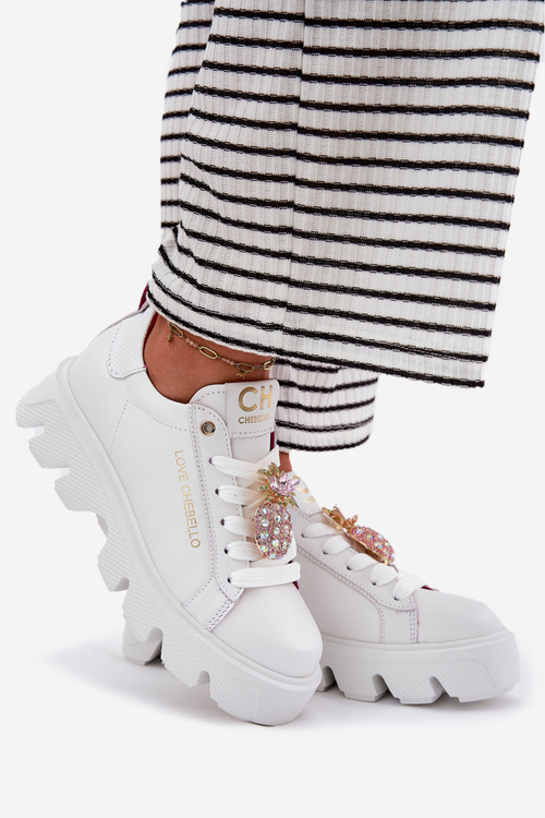 Kožené tenisky s ozdobnou broží ananas CheBello 4651 bílé