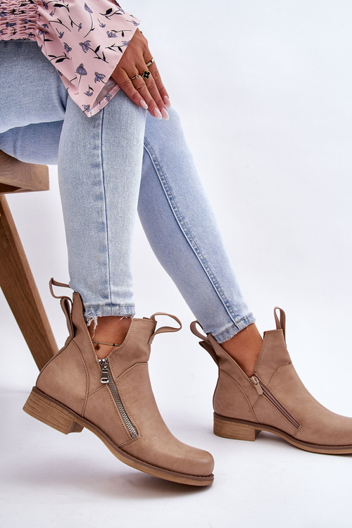 Dámské kožené kozačky na plochém podpatku Béžová Artemis