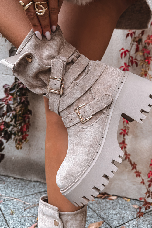 Dámske čižmy na hrubom podpätku s prackami a pásom béžové Nerelisa