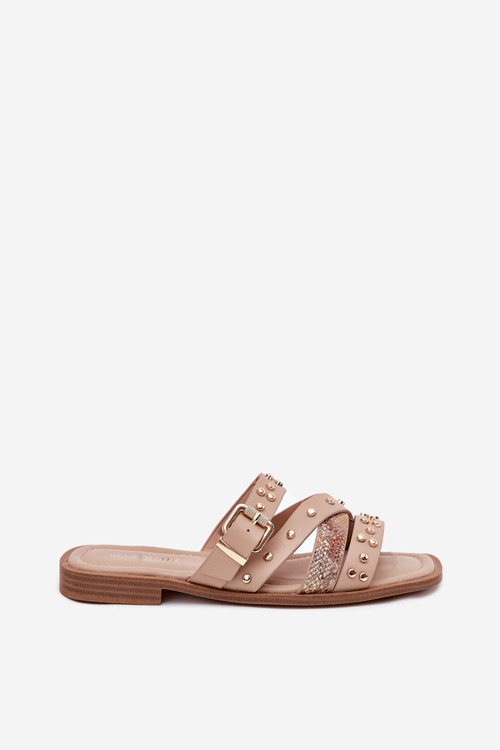 Ozdobené dámske sandále na plochom podpätku s páskami a prackou béžové Manitte