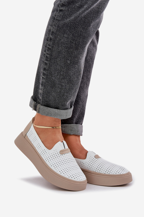 Lehké Ažurové Kožené Mokasíny Polobotky Dámské Na Platformě A Kotrně Bílé Hanthiel