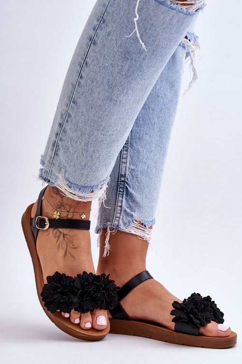 Dámske sandále s látkovými kvetmi čierne fiori