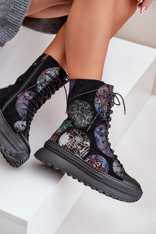 Kožené semišové boty na platformě zateplené černé 06565-01