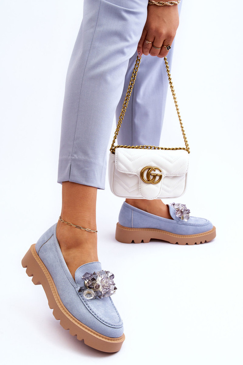 Módne semišové mokasíny s kryštálmi modrými demeris