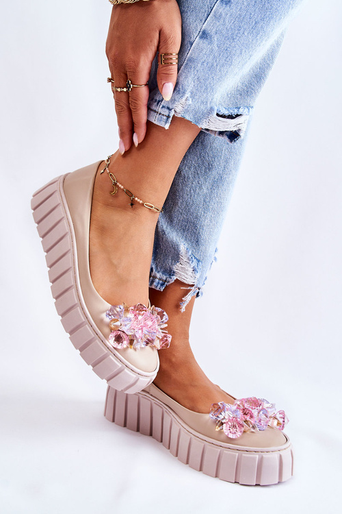 Kožené baleríny na plošine s farebnou béžovou dekoráciou Ladette