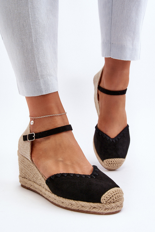 Zamszové sandály espadrilky na klínové podrážce s pletením černé Raylin