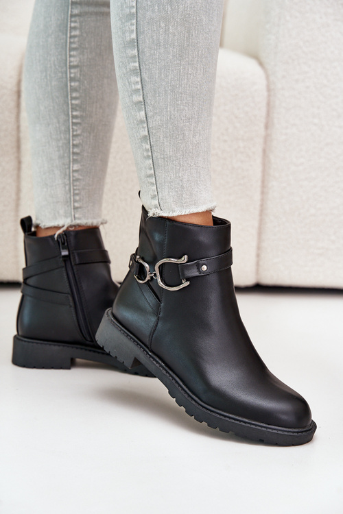 Zateplené Čižmy Na Plochom Opätku S Dekoratívnym Pásom Čierne Calzina