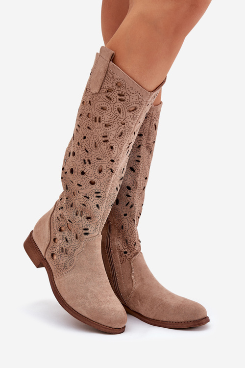 Dierkované Čižmy Na Plochéj Päte Béžové HY51-176