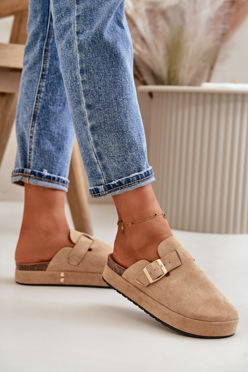 Dámské Pantofle Na Platformě Se Zlatou Sponou Tmavě Béžové Terilaina