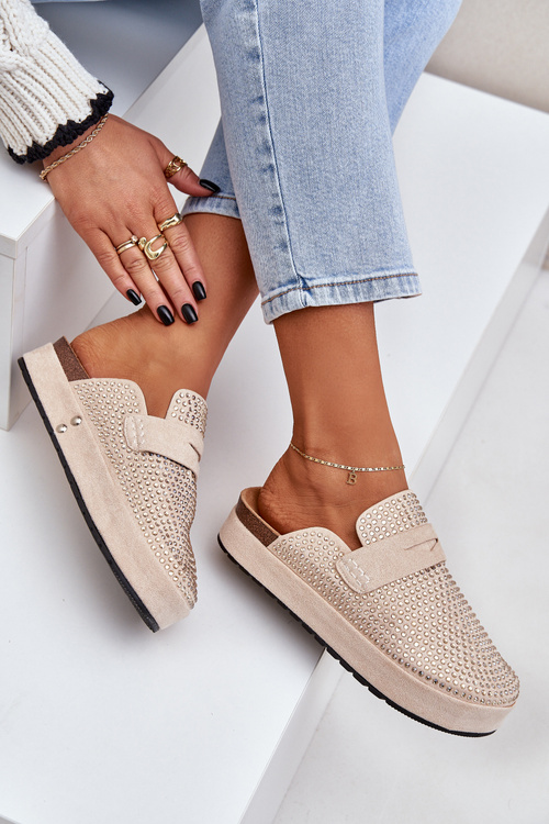 Dámské sandály zdobené zirkony na platformě béžové Deorani