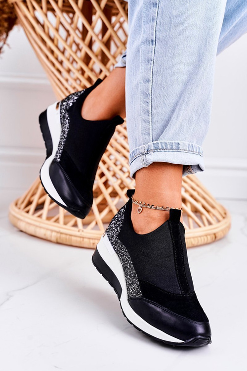 Dámské Klínové Kožené Boty Sneakersy Černé Stříbrné Frances