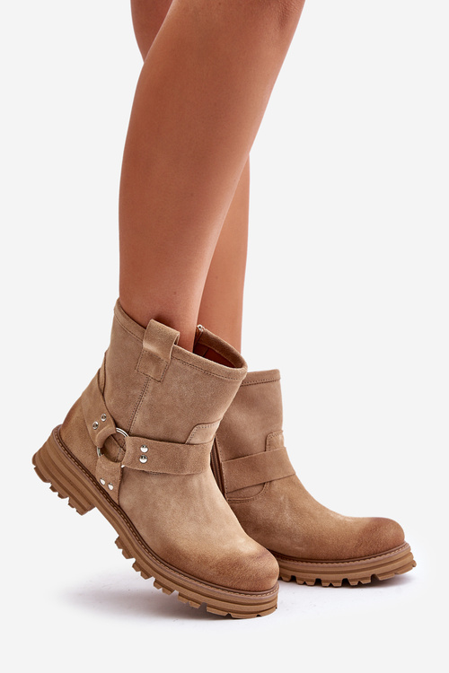 Dámske Zamszové Čižmy Na Plochom Opätku Béžové Lewski 3610