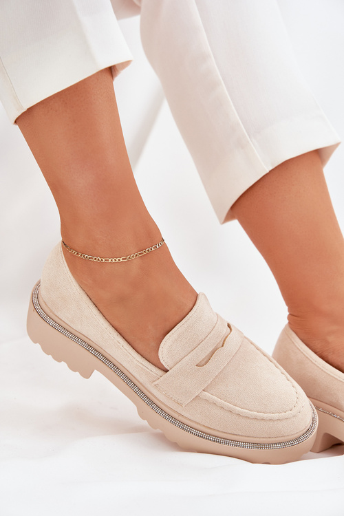 Dámske eko semišové mokasíny s kryštálmi béžové Wilamla