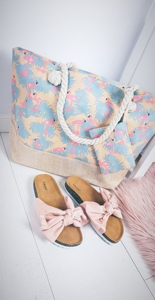 Velká plážová béžová kabelka Plameňáky