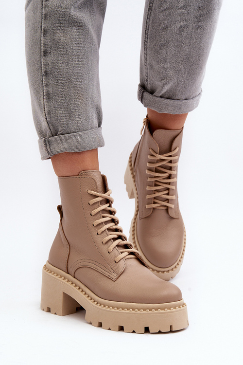 Zazoo 3413 Dámske kožené topánky na robustnom podpätku béžové