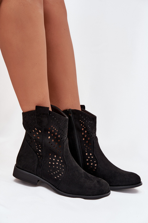 Ažurové dámské kotníkové boty na nízkém podpatku Černé Amisna