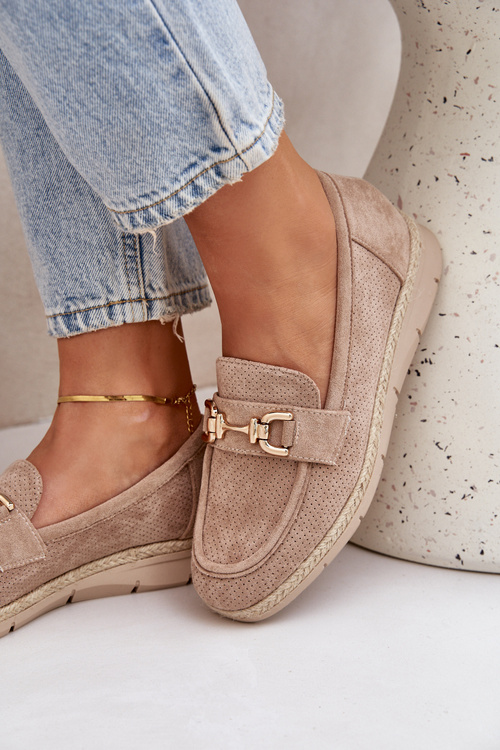 Dírové Mokasíny Se Zlatým Detailem A Jutovým Pletením Béžové Lainer