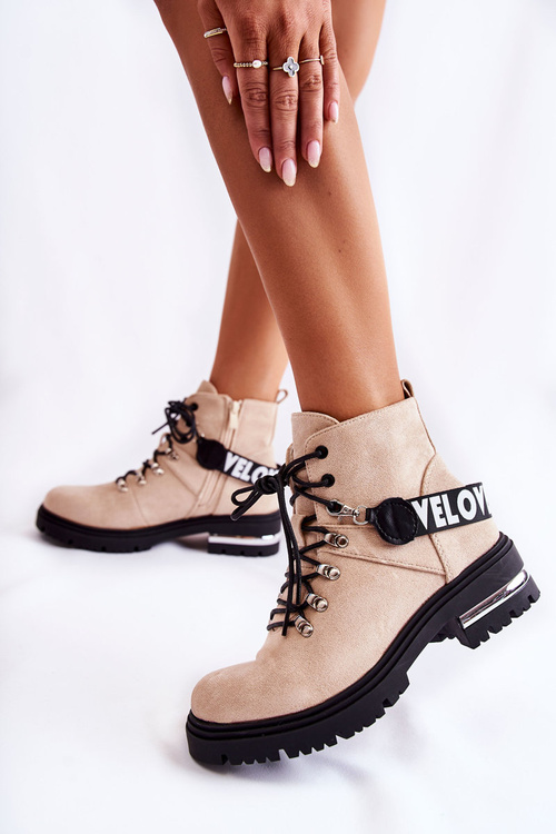 Semišové Teplé Boty S Páskem Béžová Aurelio