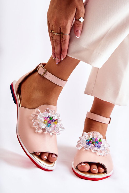 Dámské kožené sandály s zdobením Světle růžová Nevassa