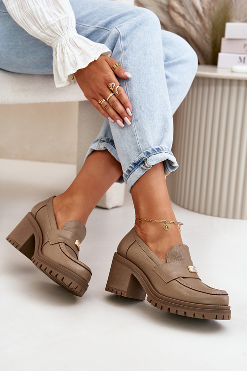 Zazoo 20168 Elegantné Dámske Poltopánky Na Opätku Z Pravej Kože Tmavo Béžové