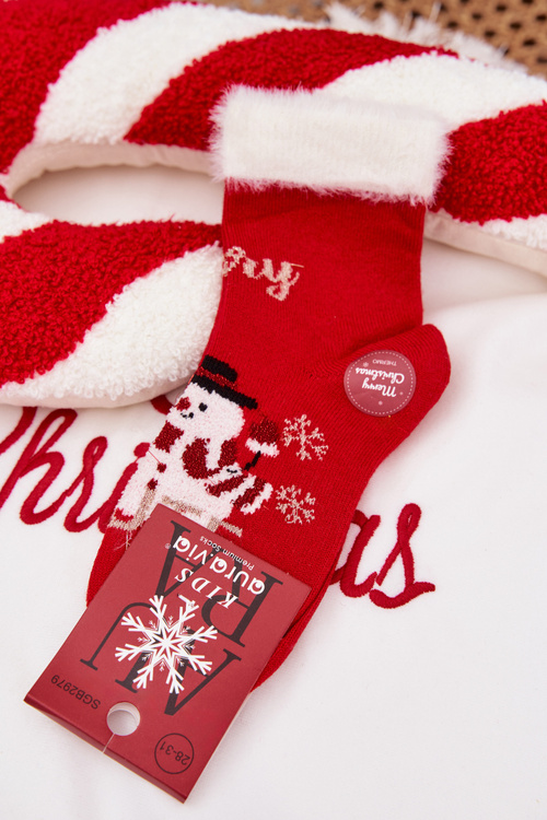 Dětské vánoční ponožky s kožíškem a sněhulák vlna alpaka červené