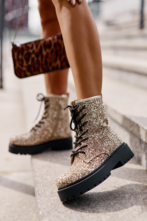 Zateplené dámske pracovné topánky zdobené flitrami zlaté Liatheine