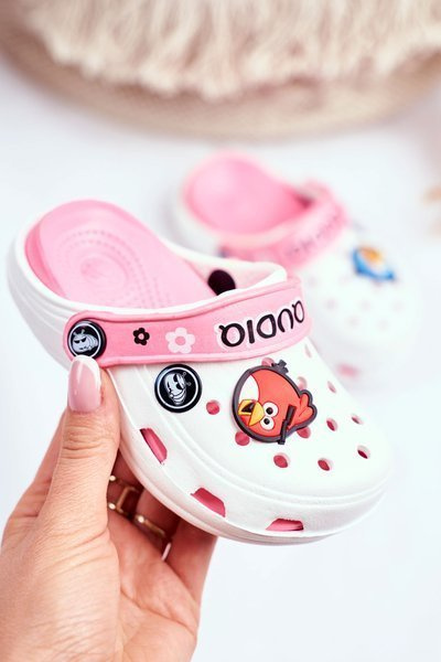 Detské klapky penové crocs biele vtáky nahnevane vtáky