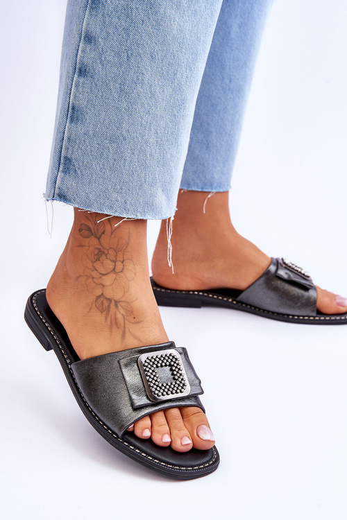 Dámske kožené papuče s kamienkami S. Barski KV-2775-33 Tmavá veľkosť