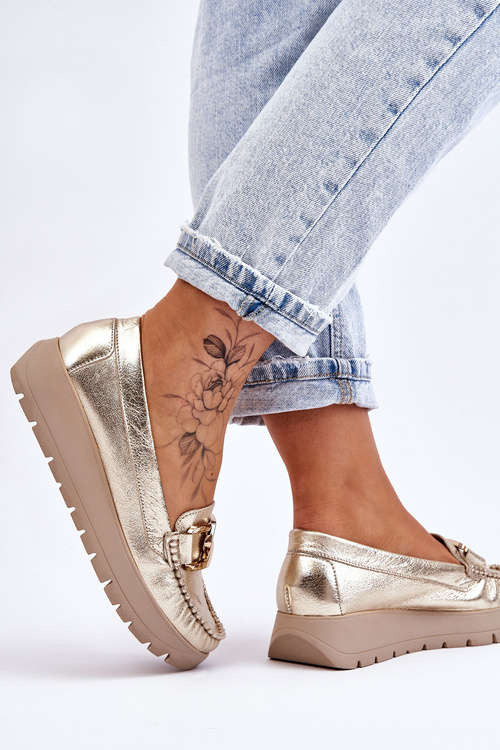 Zazoo 10141 Kožené Mokasíny na Platformě s Ozdobou Zlaté