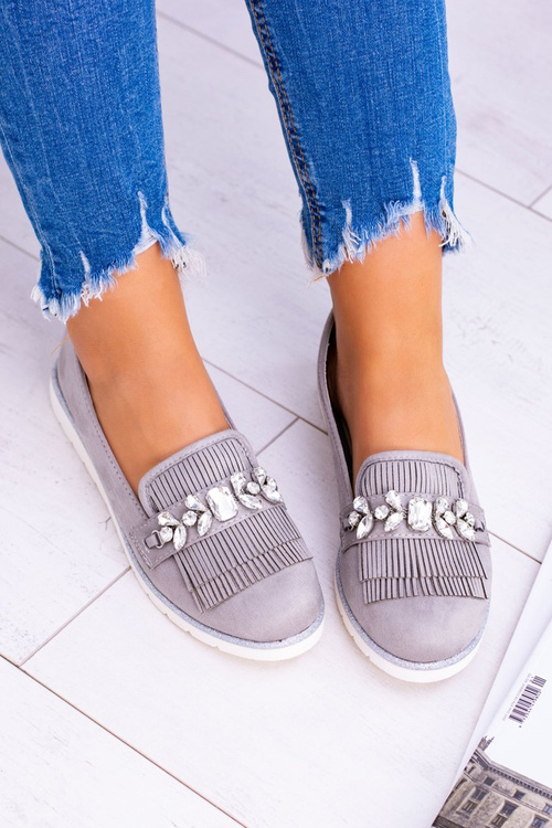 Šedé semišové mokasíny s kryštálmi Vivaro