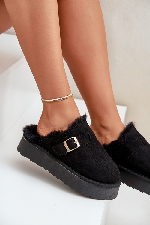 Dámske Papuče Na Hrubej Podošve S Kožúškom A Sponou Čierne Linneola