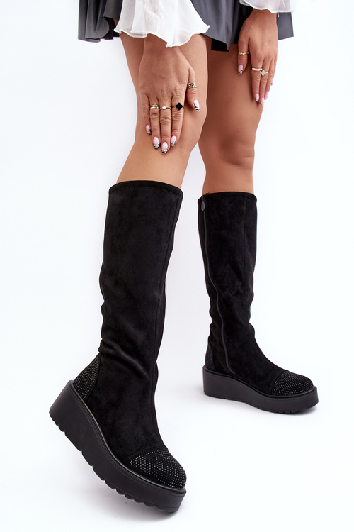 Dámské semišové kozačky na platformě SBarski HY53-8 Černé