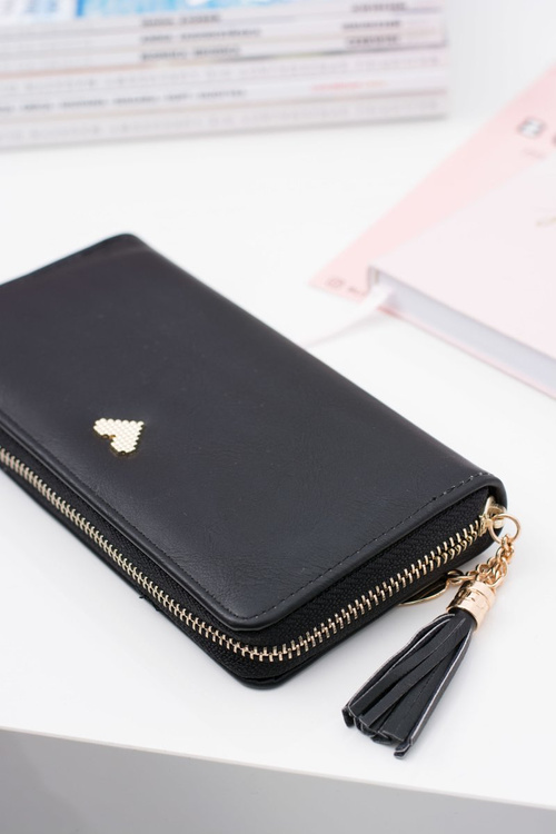 Black Big Women's Wallet Keychain Golden Heart