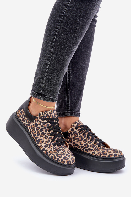 Kožené tenisky na platforme s leopardím vzorom Zazoo 3346 hnedo-čierne