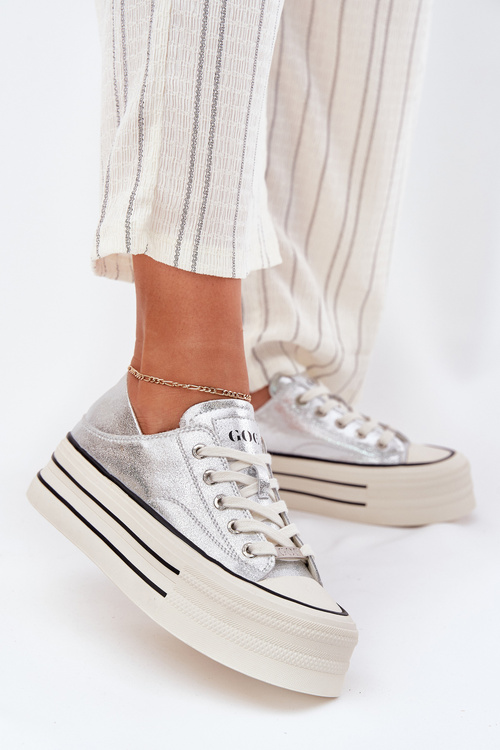 Dámske Kožené Tenisky Na Platforme GOE RR2N4108 Strieborné