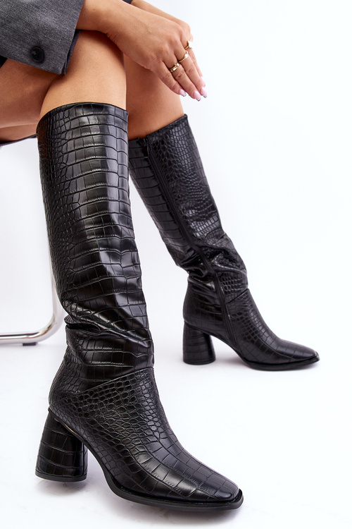 Dámske kolenné topánky na stĺpe, hadový vzor čierneho cerion