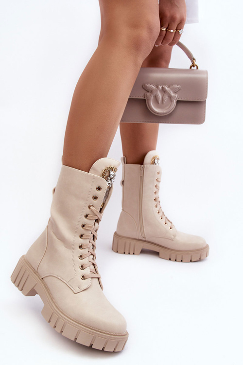 Kůže Botky Workery s Bižuterní Ozdobou Bežové Marx