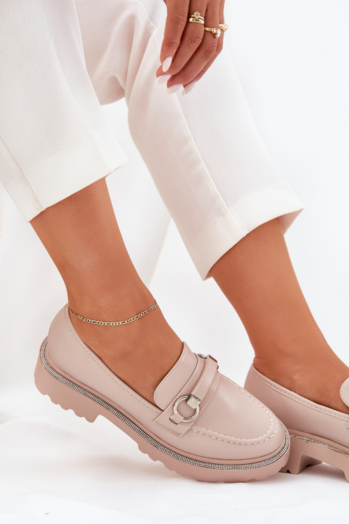 Dámske Mokasíny Ozdobené Zirkónmi Béžové Patina